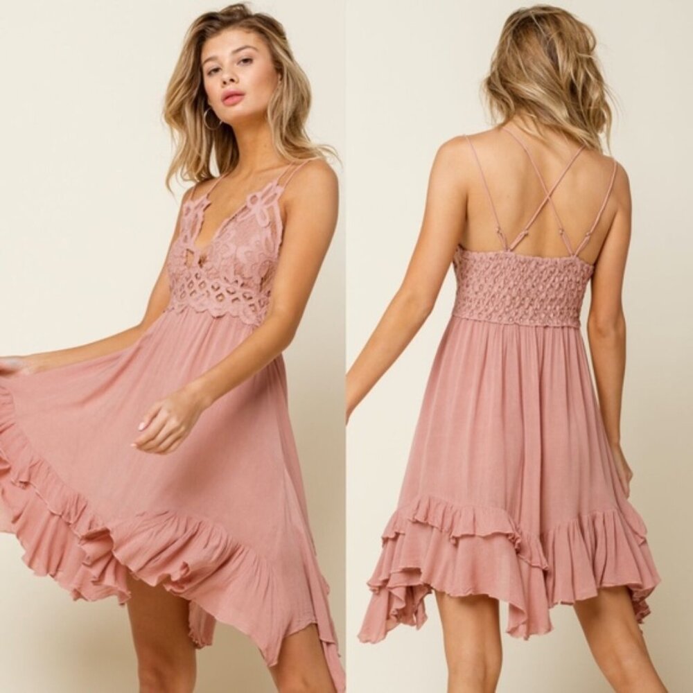 Free People Adella Rose Lace Ruffle Tier Strappy Slip Mini Dress